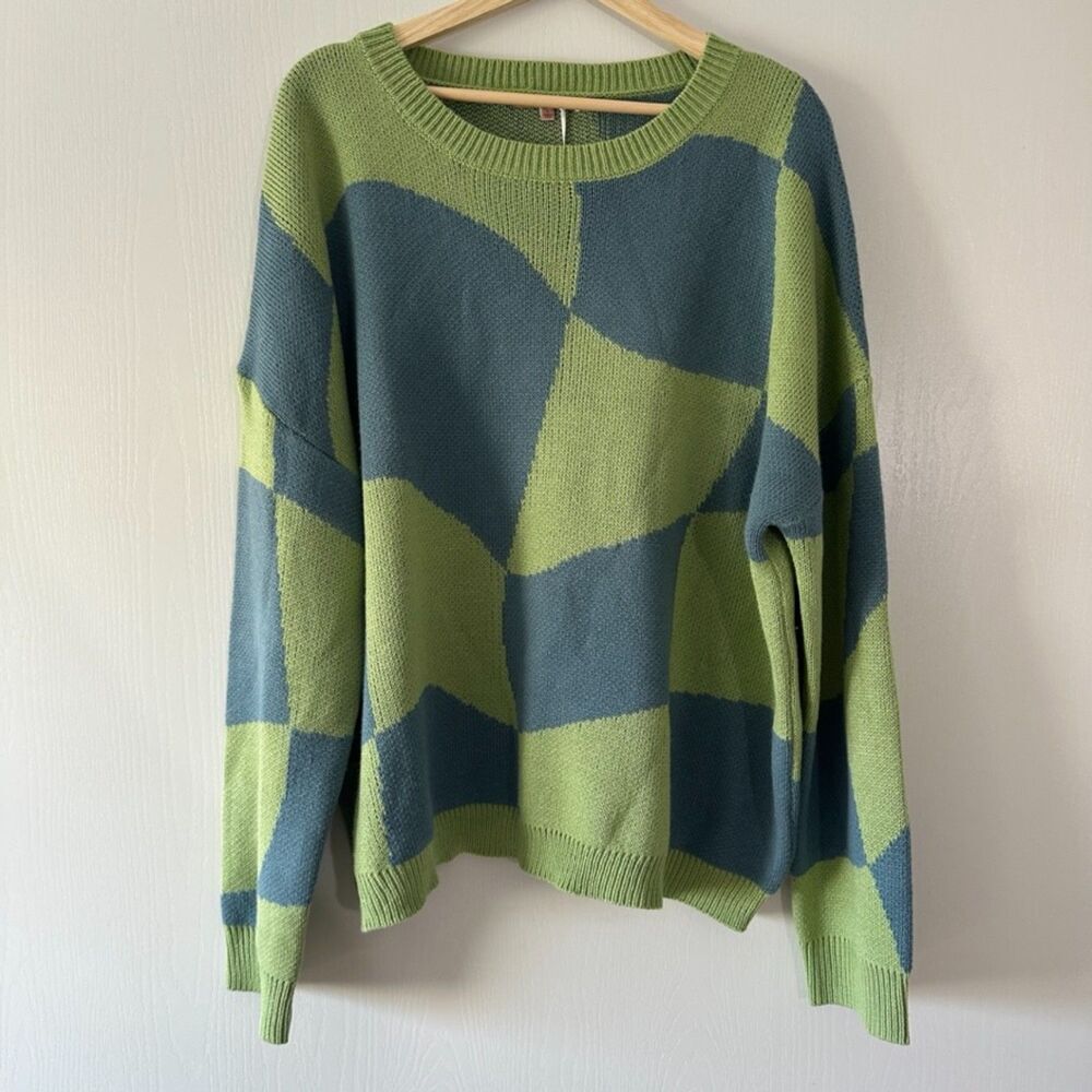 Bailey Rose Womens Checkboard Knit‎ Slouchy Oversized Blue Green Sweater SzLarge